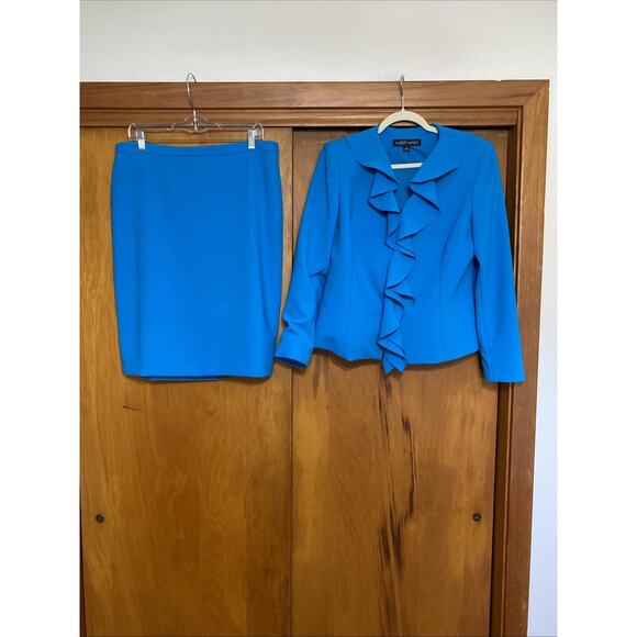 Albert Nipon Skirt Suit Ruffle Drape Front Turquoise NWOT - 12 - Picture 1 of 13